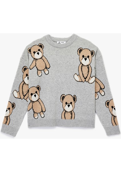 Uzun Kollu Bisiklet Yaka Ayıcık Desenli Triko Kazak