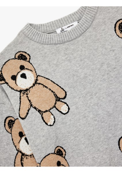 Uzun Kollu Bisiklet Yaka Ayıcık Desenli Triko Kazak modelleri