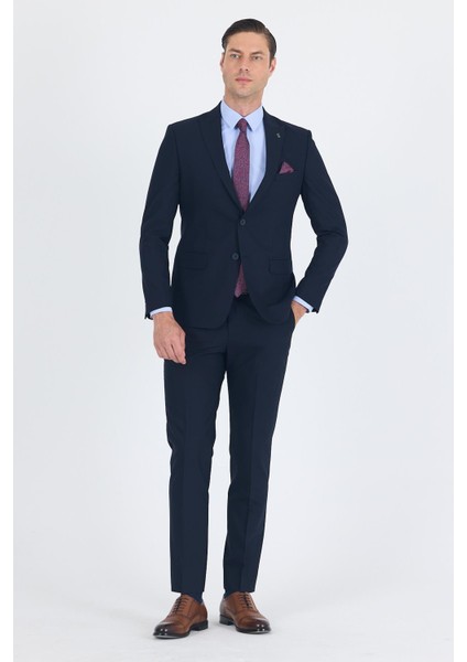 Lacivert Düz Gabardin Kılıç Yaka 2 Düğme Pamuklu 6 Drop Slim Fit Basic Takım Elbise 1001250011_206