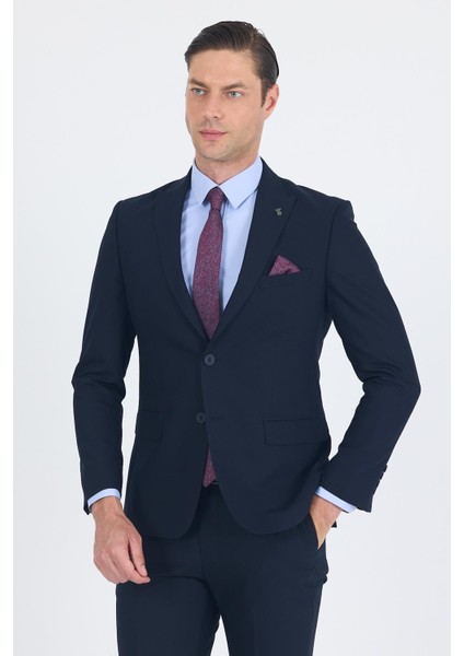 Lacivert Düz Gabardin Kılıç Yaka 2 Düğme Pamuklu 6 Drop Slim Fit Basic Takım Elbise 1001250011_206 modelleri