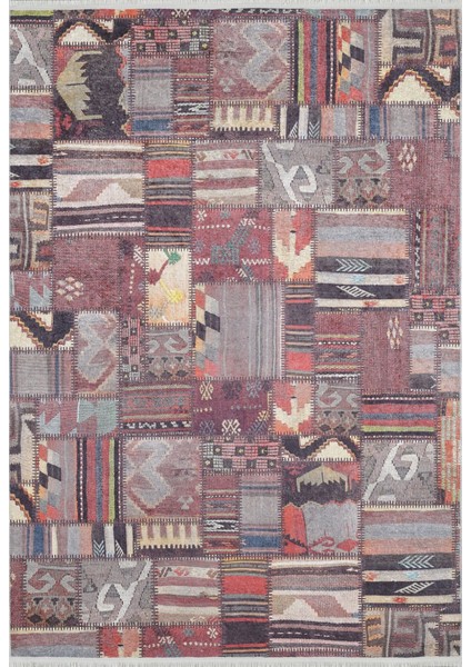 Biskupiec Bordo Patchwork Etnik Modern Desenli Makinada Yıkanabilir Hav Toz Vermez Leke Tutmayan Kaymaz Taban Dijital Makine Baskı Salon Yolluk Mutfak Halı