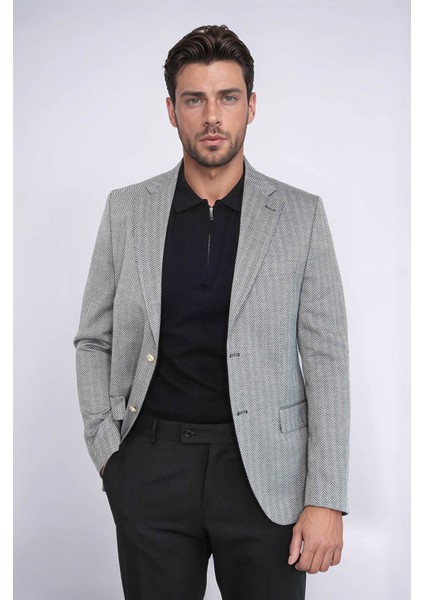 Siyah Balıksırtı Desenli Gold Renk Metal Düğmeli Slim Fit Erkek Blazer Ceket - Wessi