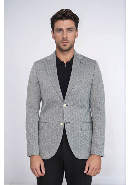 Siyah Balıksırtı Desenli Gold Renk Metal Düğmeli Slim Fit Erkek Blazer Ceket - Wessi modelleri