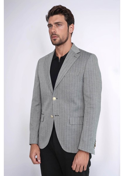 Siyah Balıksırtı Desenli Gold Renk Metal Düğmeli Slim Fit Erkek Blazer Ceket - Wessi fırsatları