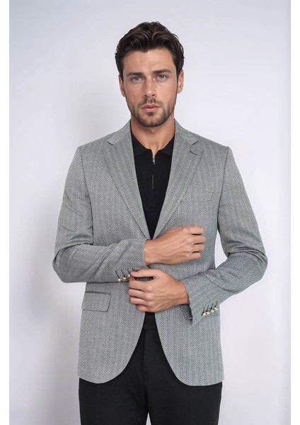 Siyah Balıksırtı Desenli Gold Renk Metal Düğmeli Slim Fit Erkek Blazer Ceket - Wessi indirimleri