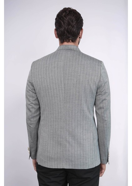 Siyah Balıksırtı Desenli Gold Renk Metal Düğmeli Slim Fit Erkek Blazer Ceket - Wessi