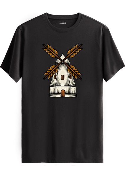 Yel Değirmeni Baskılı Sokak Modası Günlük Rahat Tarz %100 Pamuk Tişört