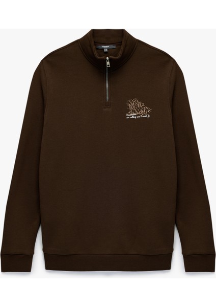 Şardonlu Uzun Kollu Baskılı Yarım Fermuarlı Sweatshirt