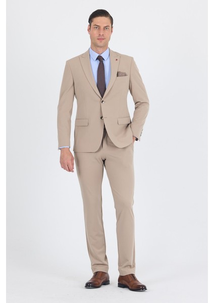 Koyu Bej Kırlangıç Yaka Kelebek Astar 6 Drop Slim Fit Beli Lastikli Takım Elbise 1001250176