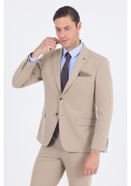Koyu Bej Kırlangıç Yaka Kelebek Astar 6 Drop Slim Fit Beli Lastikli Takım Elbise 1001250176 modelleri