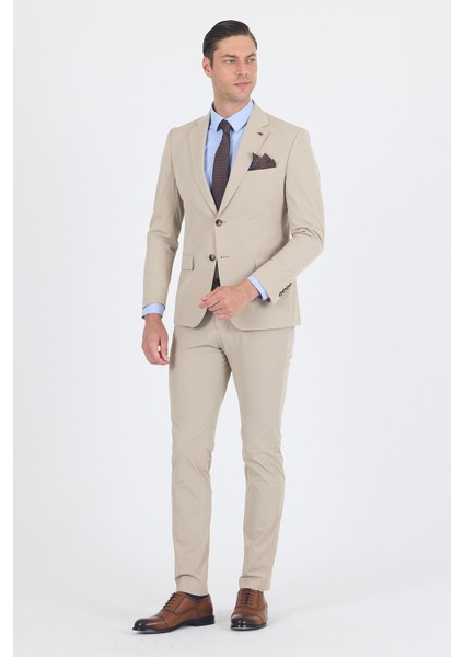 Bej Mono Yaka Yarım Astar 6 Drop Slim Fit Beli Lastikli Takım Elbise 1001250121