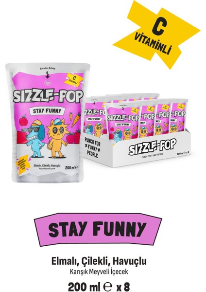 Sizzle Pop Stay Funny Şekersiz Havuç, Kırmızı Elma ve Çilek Aromalı Meyve Suyu 200 ml x 8'li Aile Paketi