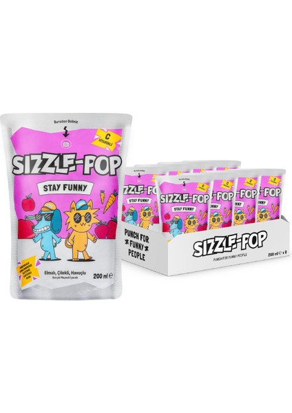 Sizzle Pop Stay Funny Şekersiz Havuç, Kırmızı Elma ve Çilek Aromalı Meyve Suyu 200 ml x 8'li Aile Paketi fiyatları