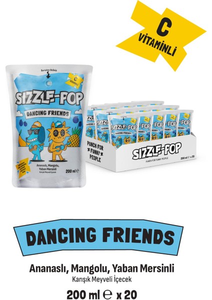 Sızzle-Pop Dancıng Frıends Ananas Mango Yabanmersini Meyve Suyu 200 ml x 20 Adet