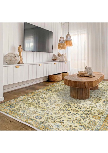 Sarı Klasik Etnik Modern Desenli Pamuk Makinada Yıkanabilir Hav Toz Vermez Leke Tutmayan Kaymaz Taban Dijital Makine Baskı Salon Yolluk Mutfak Halı modelleri