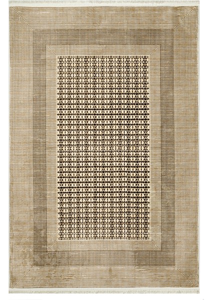 Pranidhi Bej Çerçeveli Etnik Modern Desenli Kadife Makinada Yıkanabilir Hav Toz Vermez Leke Tutmayan Kaymaz Taban Dijital Makine Baskı Salon Yolluk Mutfak Halı