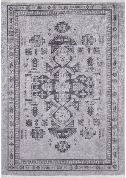 Sanpablo Gri Modern Etnik Desenli Makinada Yıkanabilir Hav Toz Vermez Leke Tutmayan Kaymaz Taban Dijital Makine Baskı Salon Yolluk Mutfak Halı