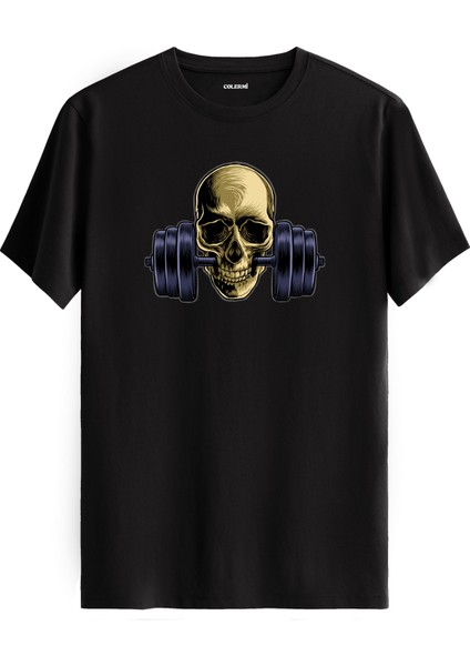 Dumbbell Kurukafa Baskılı Spor ve Sokak Modası %100 Pamuk Tişört