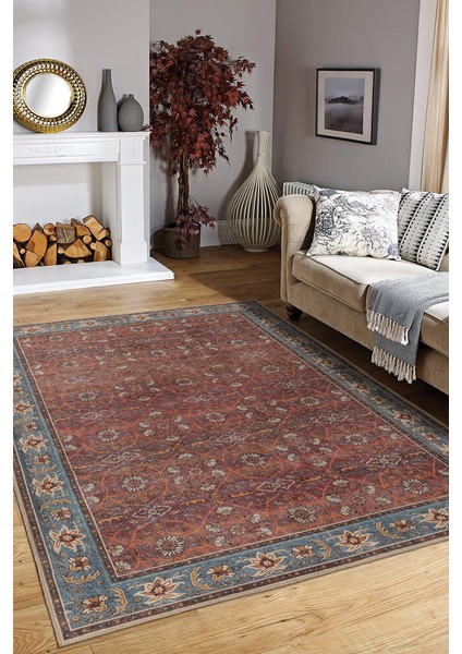 Kilifi Çerçeveli Mavi Polyester Dikdörtgen Modern Desenli Pamuk Makinada Yıkanabilir Hav Toz Vermez Leke Tutmayan Kaymaz Taban Dijital Makine Baskı Salon Yolluk Mutfak Halı