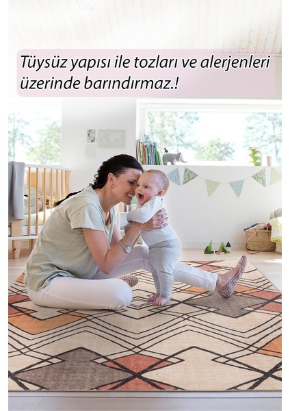 Guincho Geometrik Krem Polyester Dikdörtgen Modern Desenli Pamuk Makinada Yıkanabilir Hav Toz Vermez Leke Tutmayan Kaymaz Taban Dijital Makine Baskı Salon Yolluk Mutfak Halı modelleri