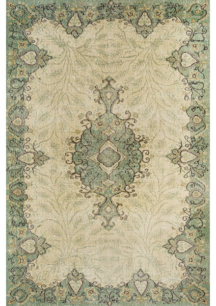 Yeşil Klasik Etnik Modern Desenli Pamuk Makinada Yıkanabilir Hav Toz Vermez Leke Tutmayan Kaymaz Taban Dijital Makine Baskı Salon Yolluk Mutfak Halı