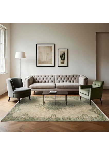 Yeşil Klasik Etnik Modern Desenli Pamuk Makinada Yıkanabilir Hav Toz Vermez Leke Tutmayan Kaymaz Taban Dijital Makine Baskı Salon Yolluk Mutfak Halı modelleri