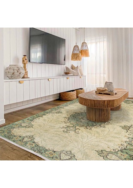 Yeşil Klasik Etnik Modern Desenli Pamuk Makinada Yıkanabilir Hav Toz Vermez Leke Tutmayan Kaymaz Taban Dijital Makine Baskı Salon Yolluk Mutfak Halı fırsatları