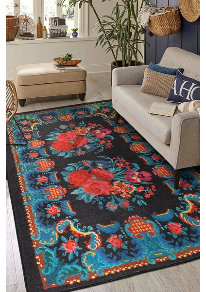 Cala Salada Çiçekli Mavi Polyester Dikdörtgen Modern Desenli Pamuk Makinada Yıkanabilir Hav Toz Vermez Leke Tutmayan Kaymaz Taban Dijital Makine Baskı Salon Yolluk Mutfak Halı