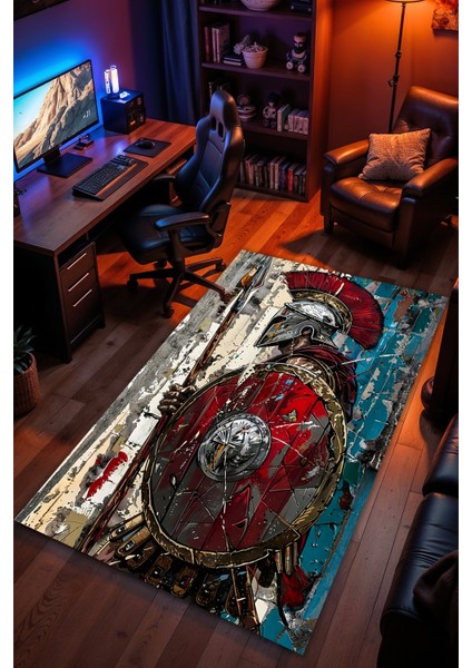 Spartalı Desenli Kaymaz Taban Makinede Yıkanabilir Gaming Oyuncu Gamer Genç Odası Halısı