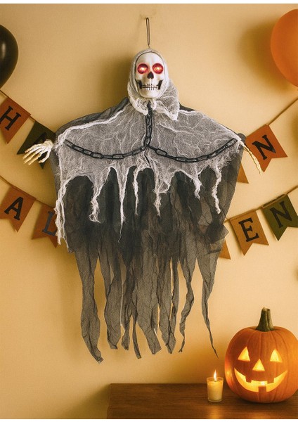 Cadılar Bayramı Işıklı Kuru Kafa Hayalet Asılabilir Halloween Parti Dekoru 90 cm