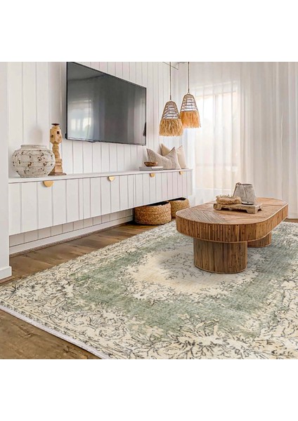 Yeşil Klasik Etnik Modern Desenli Pamuk Makinada Yıkanabilir Hav Toz Vermez Leke Tutmayan Kaymaz Taban Dijital Makine Baskı Salon Yolluk Mutfak Halı modelleri