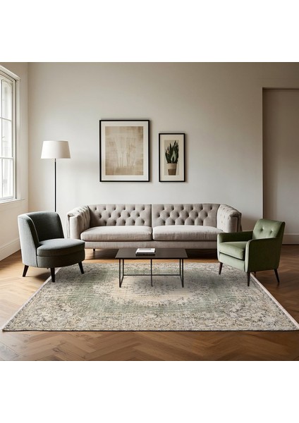 Yeşil Klasik Etnik Modern Desenli Pamuk Makinada Yıkanabilir Hav Toz Vermez Leke Tutmayan Kaymaz Taban Dijital Makine Baskı Salon Yolluk Mutfak Halı fırsatları