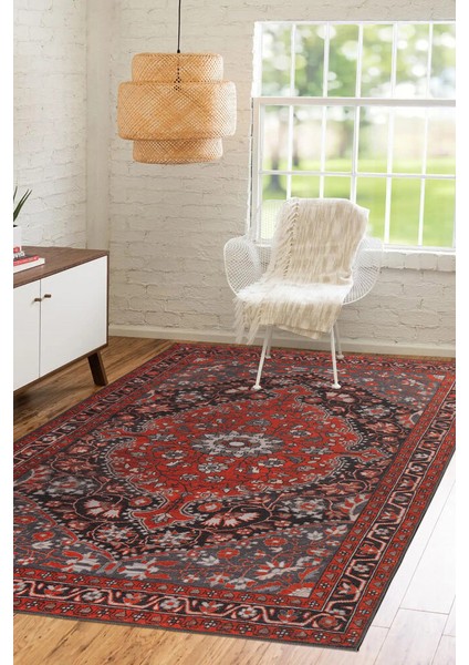 Nosy Be Klasik Kırmızı Polyester Dikdörtgen Modern Desenli Pamuk Makinada Yıkanabilir Hav Toz Vermez Leke Tutmayan Kaymaz Taban Dijital Makine Baskı Salon Yolluk Mutfak Halı