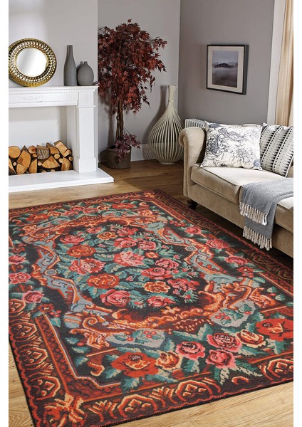 Saumur Çiçekli Kırmızı Polyester Dikdörtgen Modern Desenli Pamuk Makinada Yıkanabilir Hav Toz Vermez Leke Tutmayan Kaymaz Taban Dijital Makine Baskı Salon Yolluk Mutfak Halı