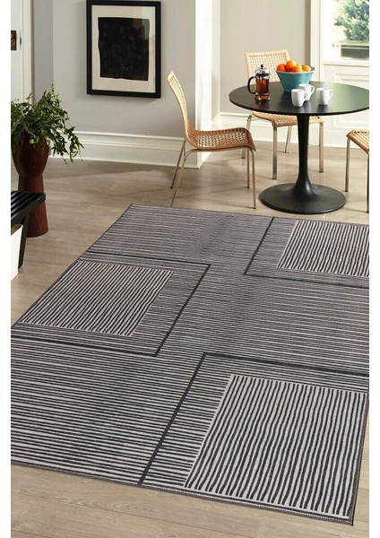 Oludeniz Geometrik Siyah Polyester Dikdörtgen Modern Desenli Pamuk Makinada Yıkanabilir Hav Toz Vermez Leke Tutmayan Kaymaz Taban Dijital Makine Baskı Salon Yolluk Mutfak Halı