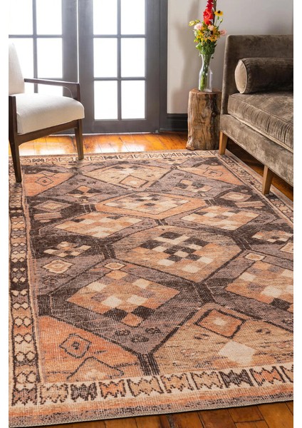 Praia Da Rocha Geometrik Turuncu Polyester Dikdörtgen Modern Desenli Pamuk Makinada Yıkanabilir Hav Toz Vermez Leke Tutmayan Kaymaz Taban Dijital Makine Baskı Salon Yolluk Mutfak Halı