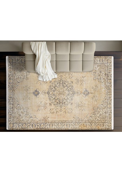 Sarı Eskitme Etnik Modern Desenli Pamuk Makinada Yıkanabilir Hav Toz Vermez Leke Tutmayan Kaymaz Taban Dijital Makine Baskı Salon Yolluk Mutfak Halı fiyatları