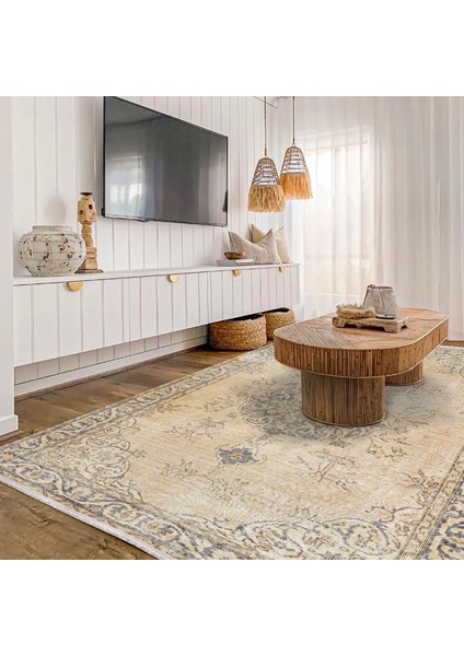 Sarı Eskitme Etnik Modern Desenli Pamuk Makinada Yıkanabilir Hav Toz Vermez Leke Tutmayan Kaymaz Taban Dijital Makine Baskı Salon Yolluk Mutfak Halı modelleri