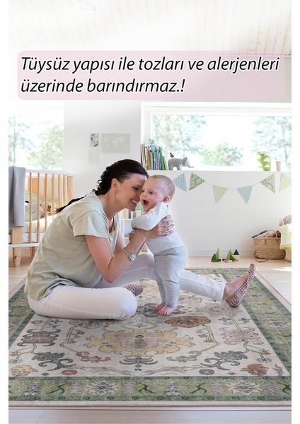Macarelleta Çerçeveli Yeşil Polyester Dikdörtgen Modern Desenli Pamuk Makinada Yıkanabilir Hav Toz Vermez Leke Tutmayan Kaymaz Taban Dijital Makine Baskı Salon Yolluk Mutfak Halı modelleri