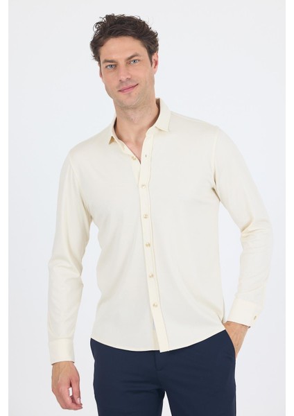 Açık Krem Uzun Kol Düz Örme Polo Yaka Cepsiz Esnek Classic Slim Fit Gömlek 1004250153_650