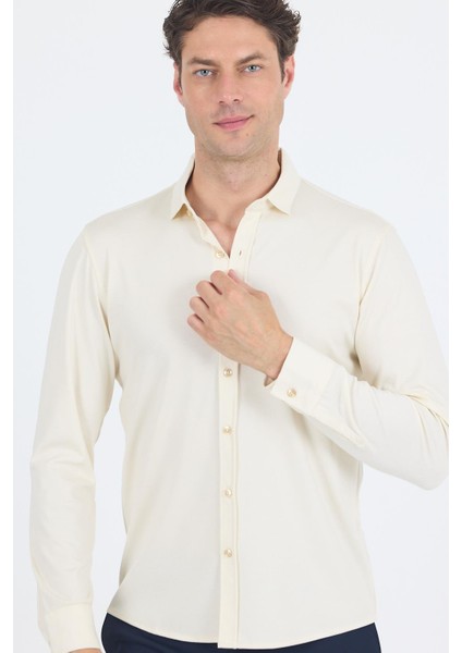 Açık Krem Uzun Kol Düz Örme Polo Yaka Cepsiz Esnek Classic Slim Fit Gömlek 1004250153_650 modelleri