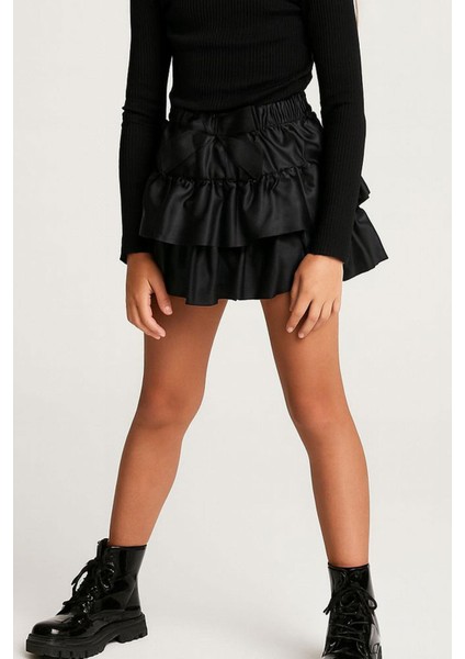 Kız Çocuk Deri Etek Kat Kat Fiyonklu 5-10 Yaş, Siyah