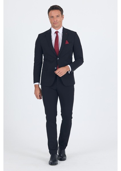 Siyah Mono Yaka Yarım Astar 6 Drop Slim Fit Beli Lastikli Takım Elbise 1001250121