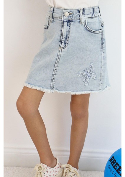 Kız Çocuk Jean Etek Kelebek Nakışlı Düğme Detaylı 6-10 Yaş, Açık Mavi