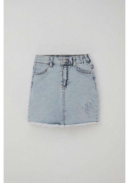 Kız Çocuk Jean Etek Kelebek Nakışlı Düğme Detaylı 6-10 Yaş, Açık Mavi fırsatları