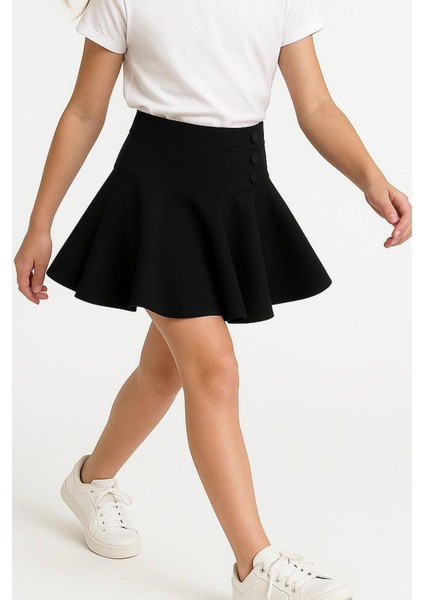 Kız Çocuk Mini Etek Pileli Çıtçıt Detaylı 7-12 Yaş, Siyah