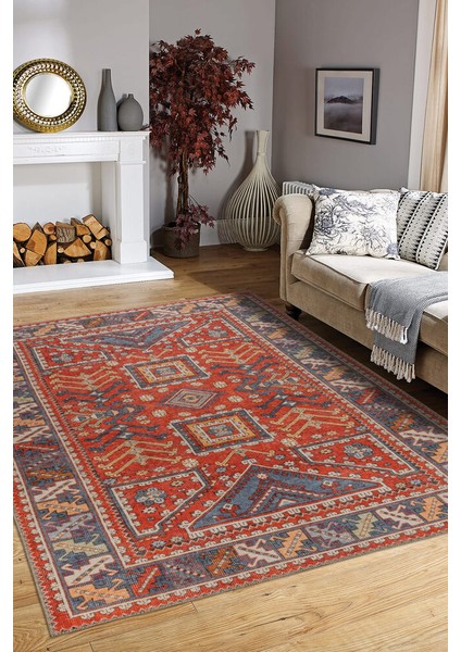 Romans Eskitme Kırmızı Polyester Kare Modern Desenli Pamuk Makinada Yıkanabilir Hav Toz Vermez Leke Tutmayan Kaymaz Taban Dijital Makine Baskı Salon Yolluk Mutfak Halı