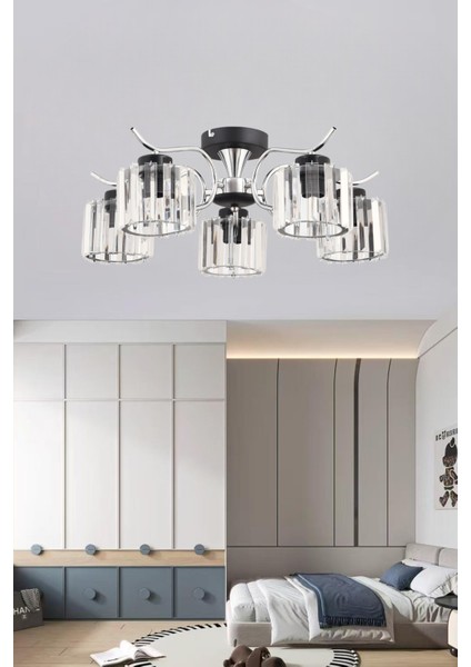 ESSLİGHT ESMA 5 Lİ PLAFONYER AVİZE (KRİSTAL TAŞLI) MODERN DEKORATİF AYDINLATMA