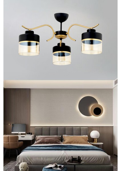 ESSLİGHT SİNEM 3 LÜ PLAFONYER AVİZE BAL SİYAH CAMLI MODERN DEKORATİF AYDINLATMA