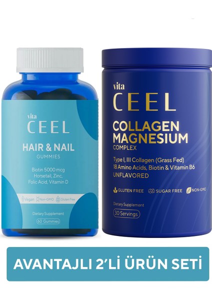 2'li Saç&tırnak Vitamini ve Magnezyum Complex Diyet Takviyesi Collagen Tip 1, 3